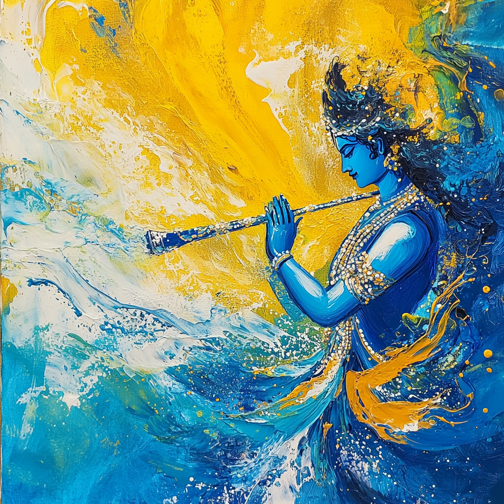 Mystical Lord Krishna Playing Flute Under Cosmic Sky