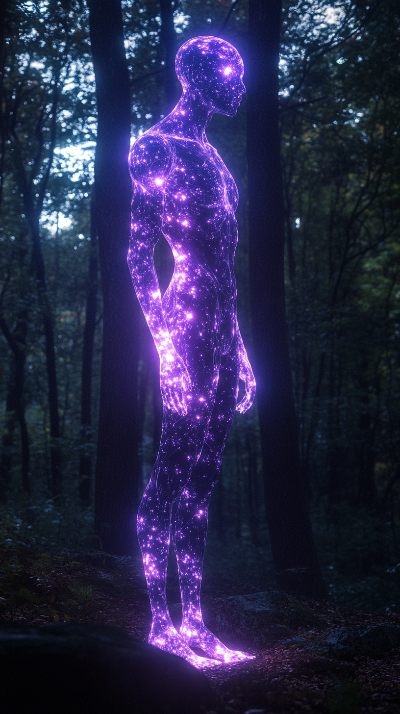 Mystical Purple Figure Radiates Light in Enchanted Forest.