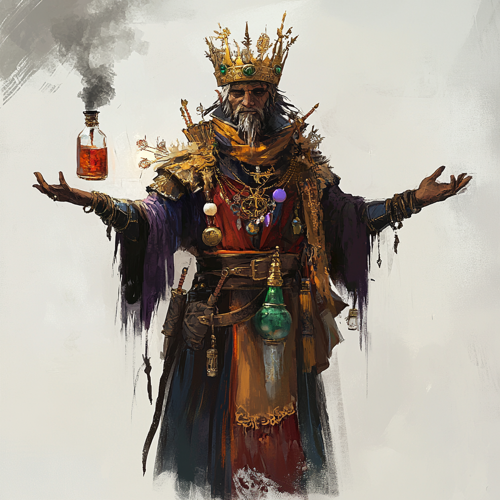 Mystical Shaman Alchemist with commanding presence in golden crown