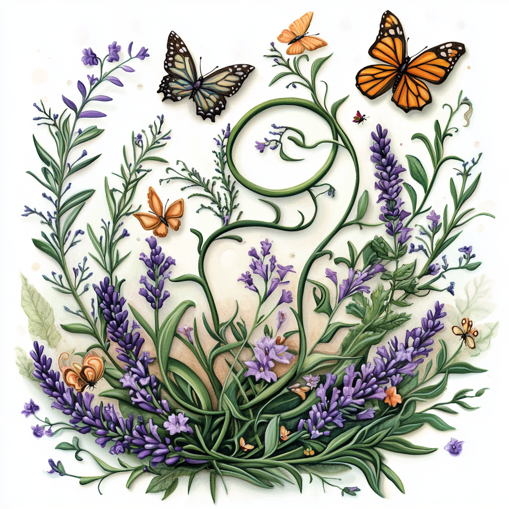 Mystical Spiral Herb Garden with Butterflies and Birds