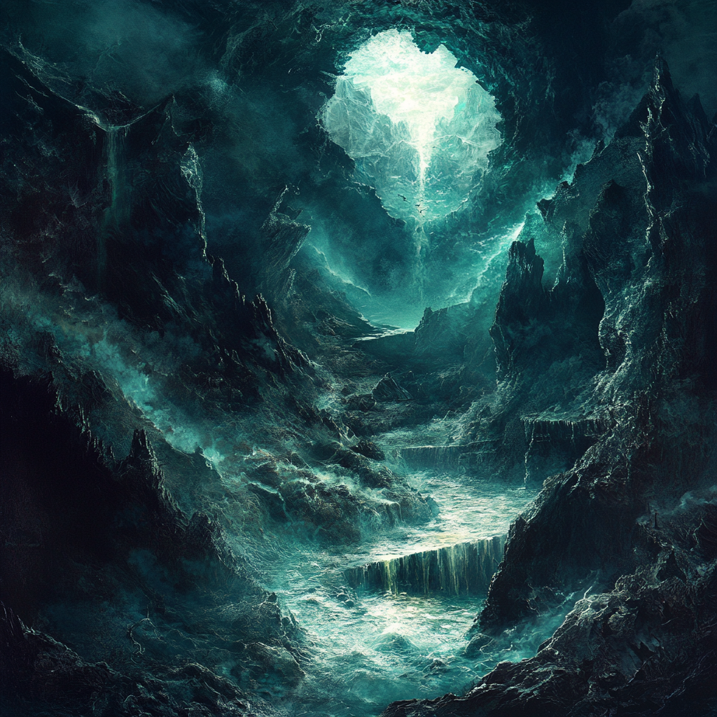 Mystical album cover journey deep underwater cavern.