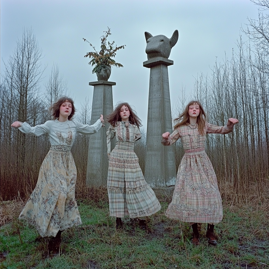 Mystical evening photoshoot with surreal concrete statues, melancholic sisters.