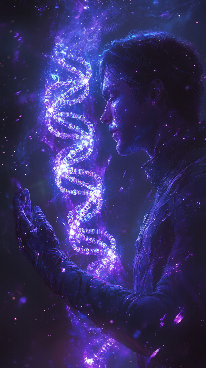 Mystical figure holds glowing DNA helix in cosmos.