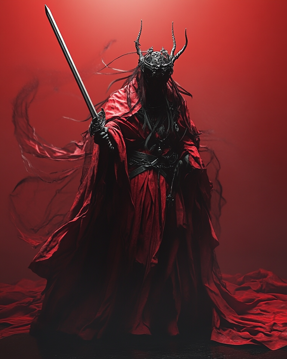 Mystical figure in red robes, crown, devil horns, sword