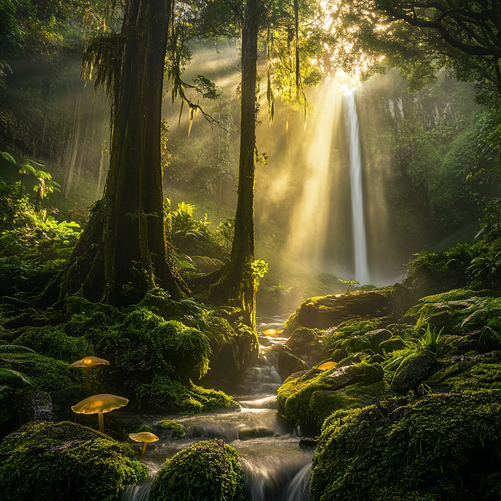 Mystical forest dawn: fog, ancient trees, sunlight beams glow.