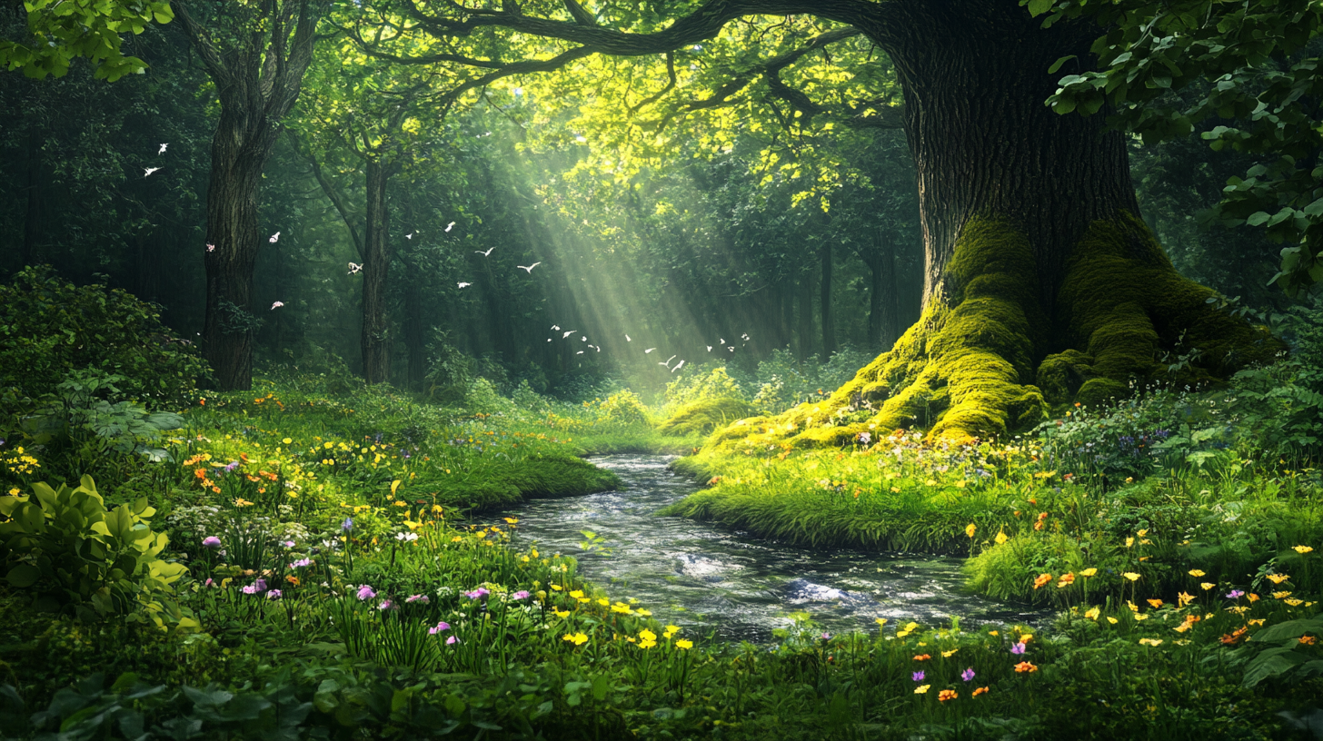 Mystical forest scene with sunlight, stream, trees, wildflowers.