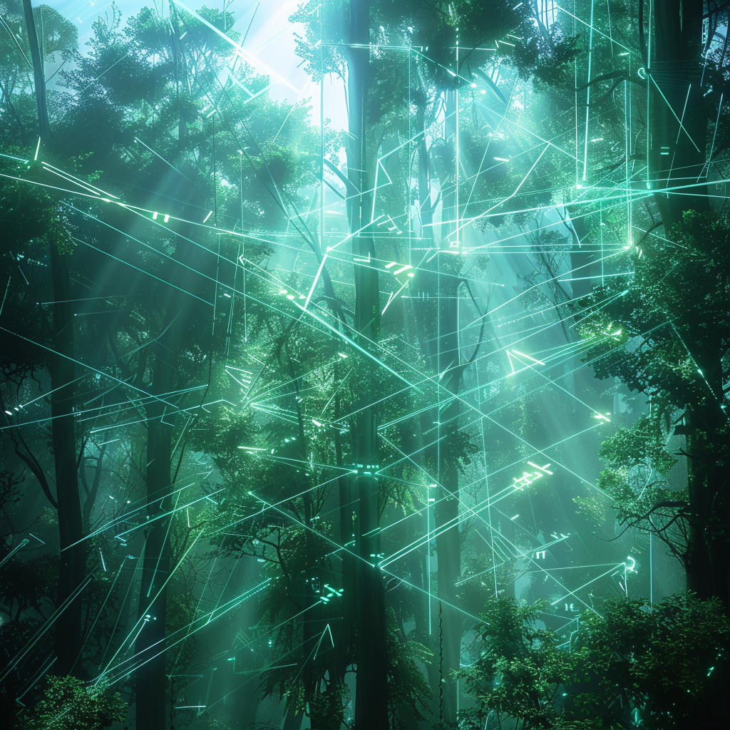 Mystical forest with nature and technology glowing together.