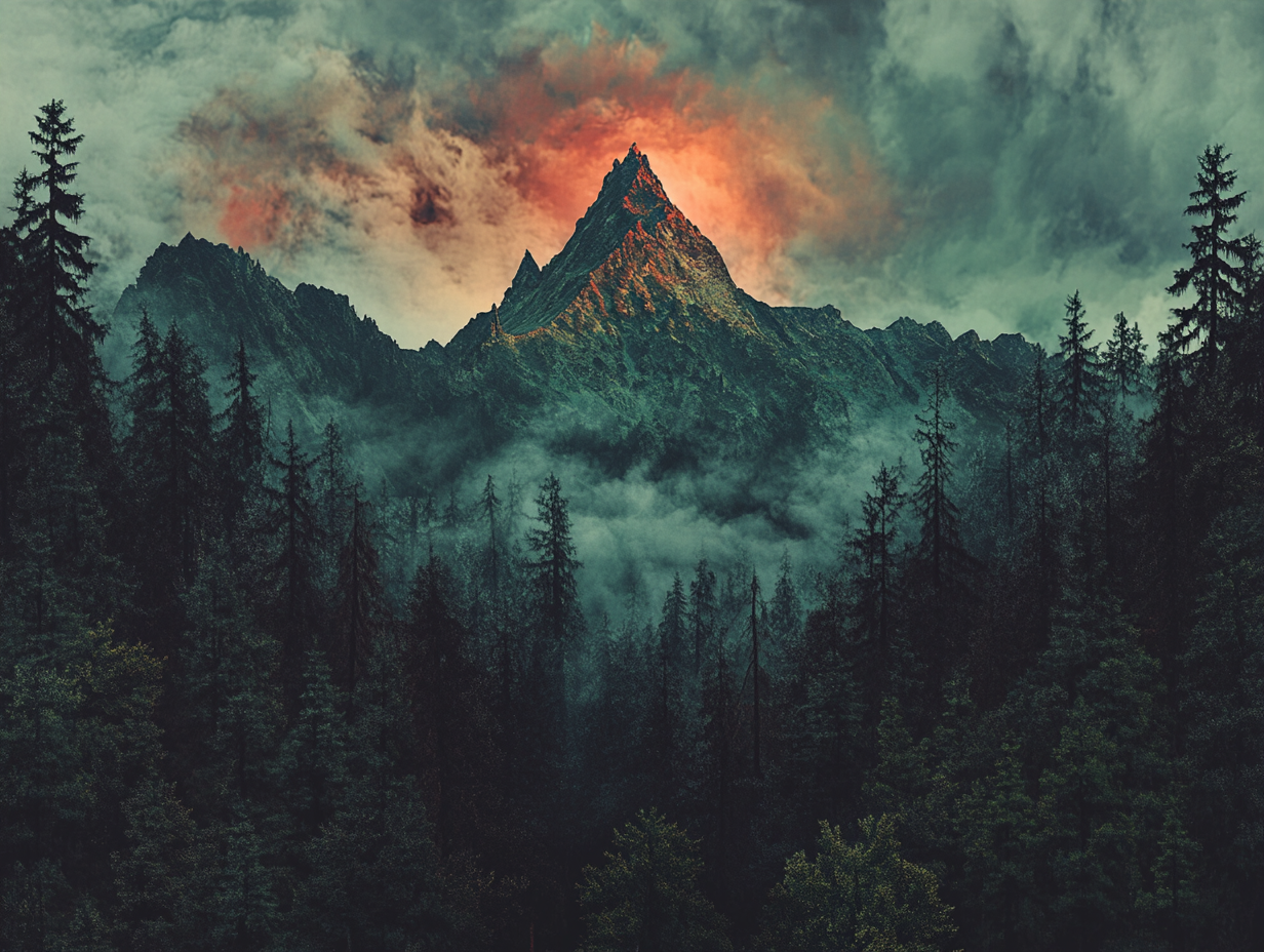 Mystical forest with tall trees and red peak