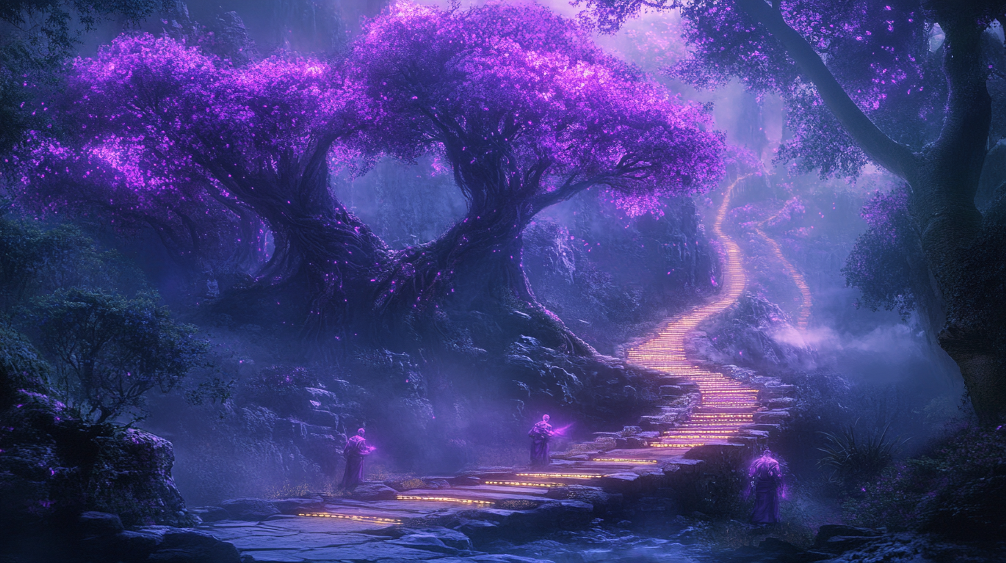 Mystical land, towering purple forests meets alien technology.