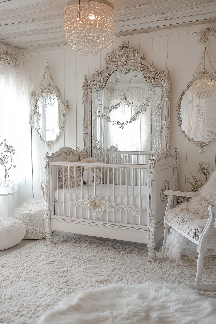 Mystical nursery adorned with ornate mirrors in bright space.