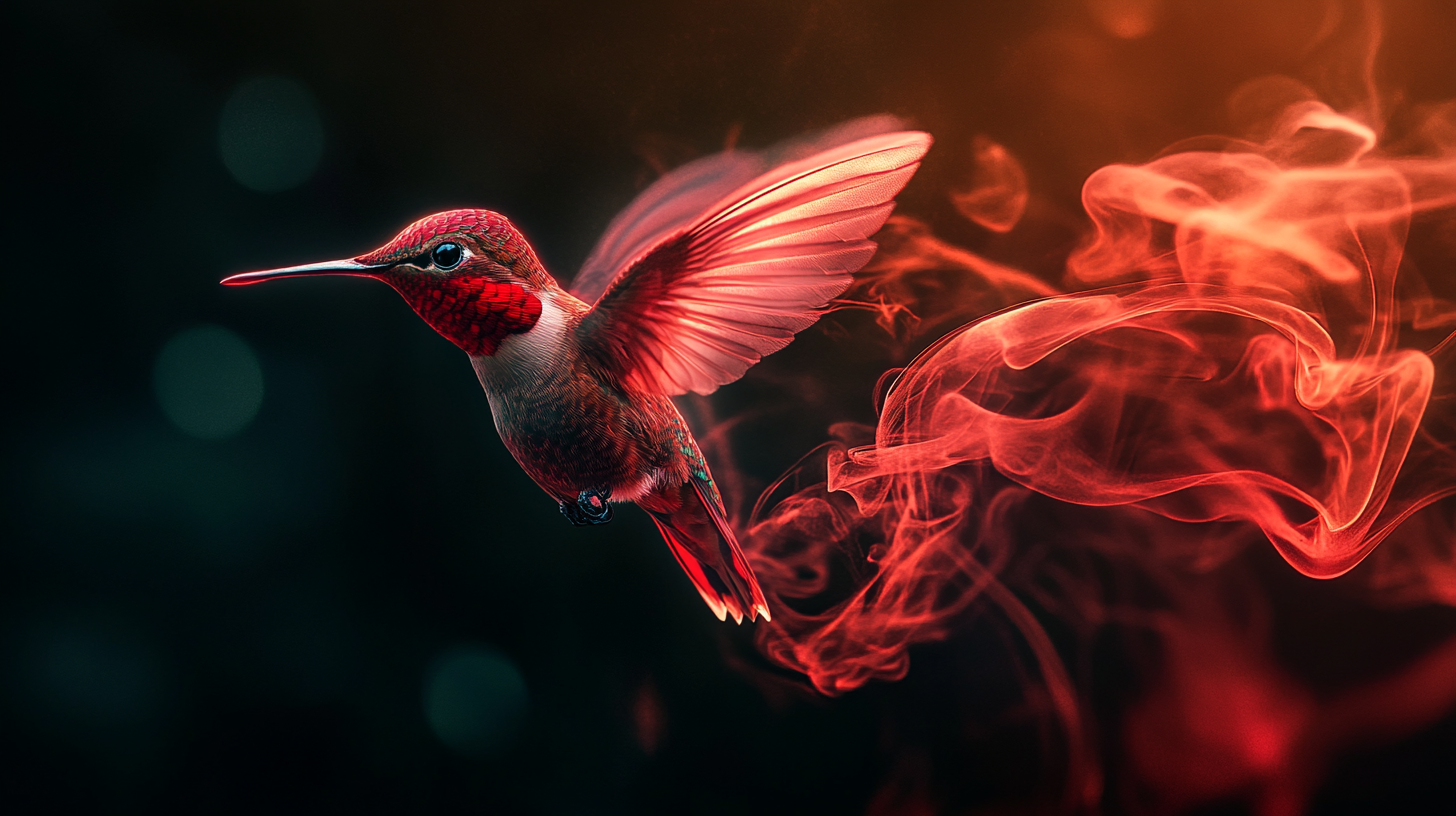 Mystical red hummingbird hovers in blur motion, red aura.