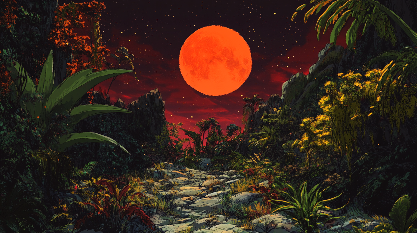 Mystical red moonlit forest with alien plants