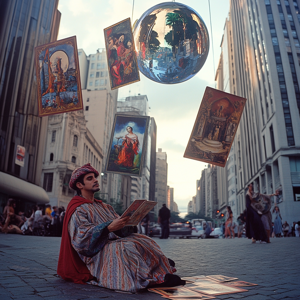 Mystical tarot reader in urban São Paulo setting