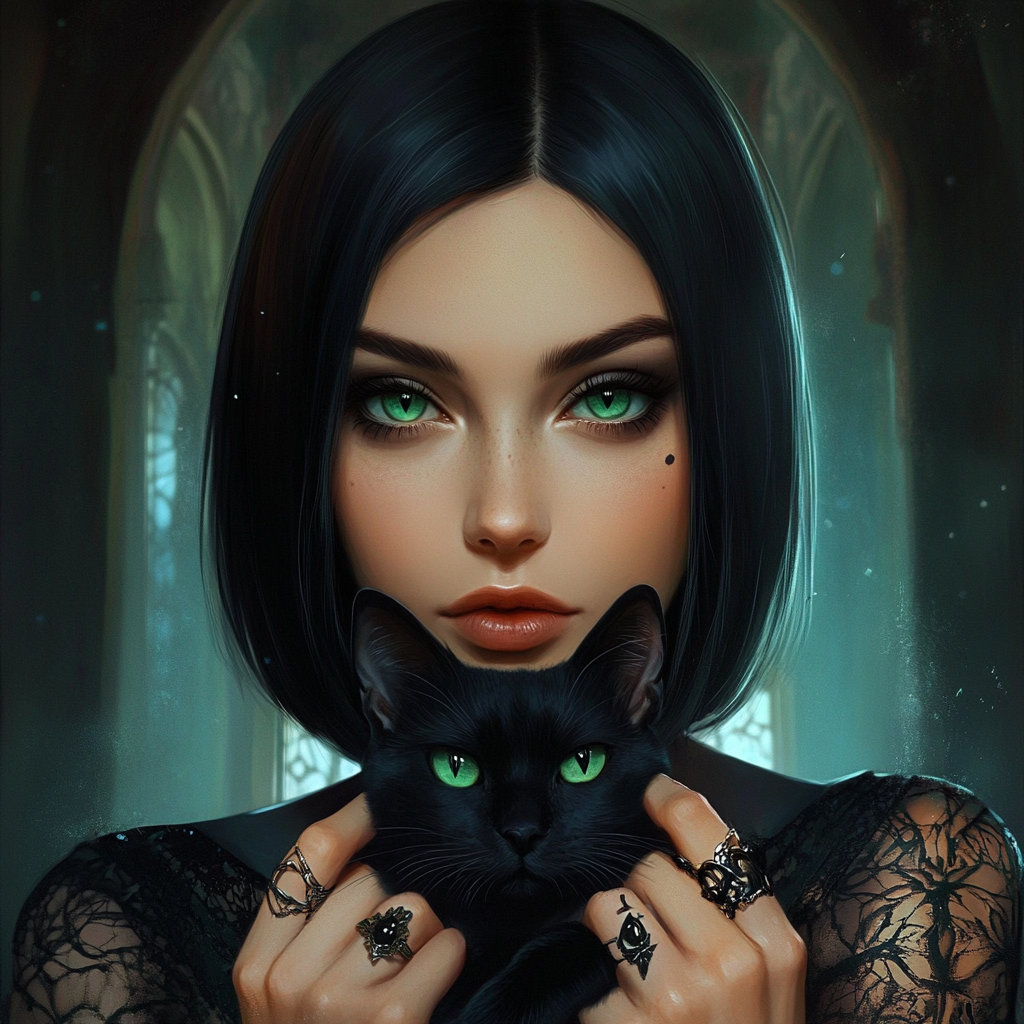 Mystical witch-priestess with captivating green eyes holding black cat.