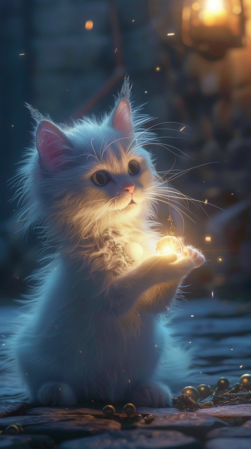 Mythical creature gives glowing amulet to white cat