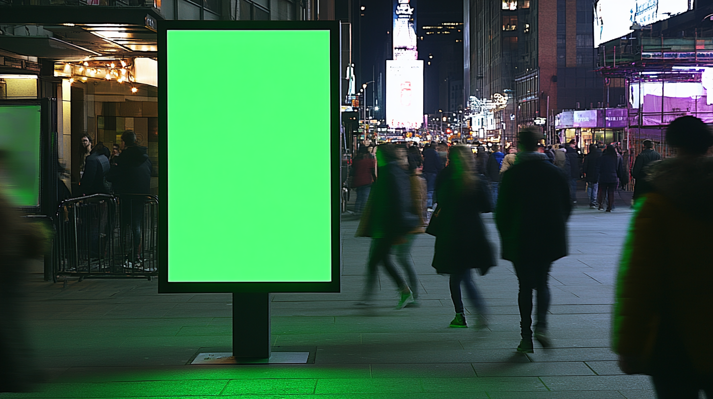 NYC nightlife area, vertical blank billboard, young people.