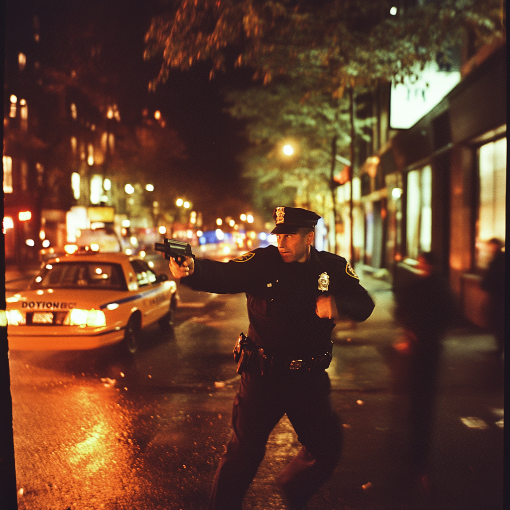 NYPD officer running with gun in vintage NYC.