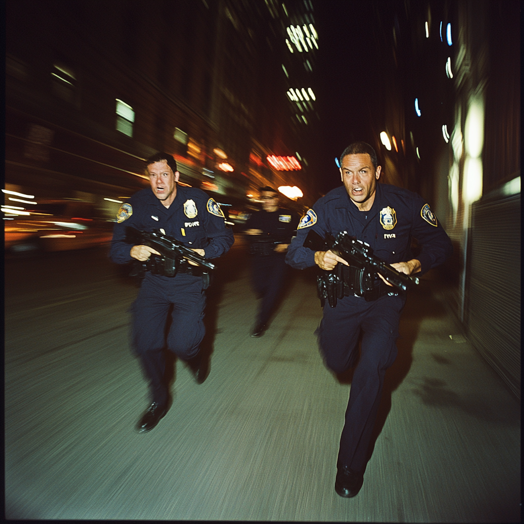 NYPD officers in vintage 2004 photo chasing criminal.