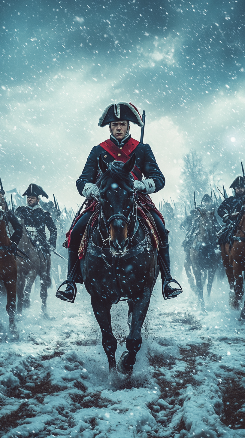 Napoleon Bonaparte leading soldiers on horse in snow.