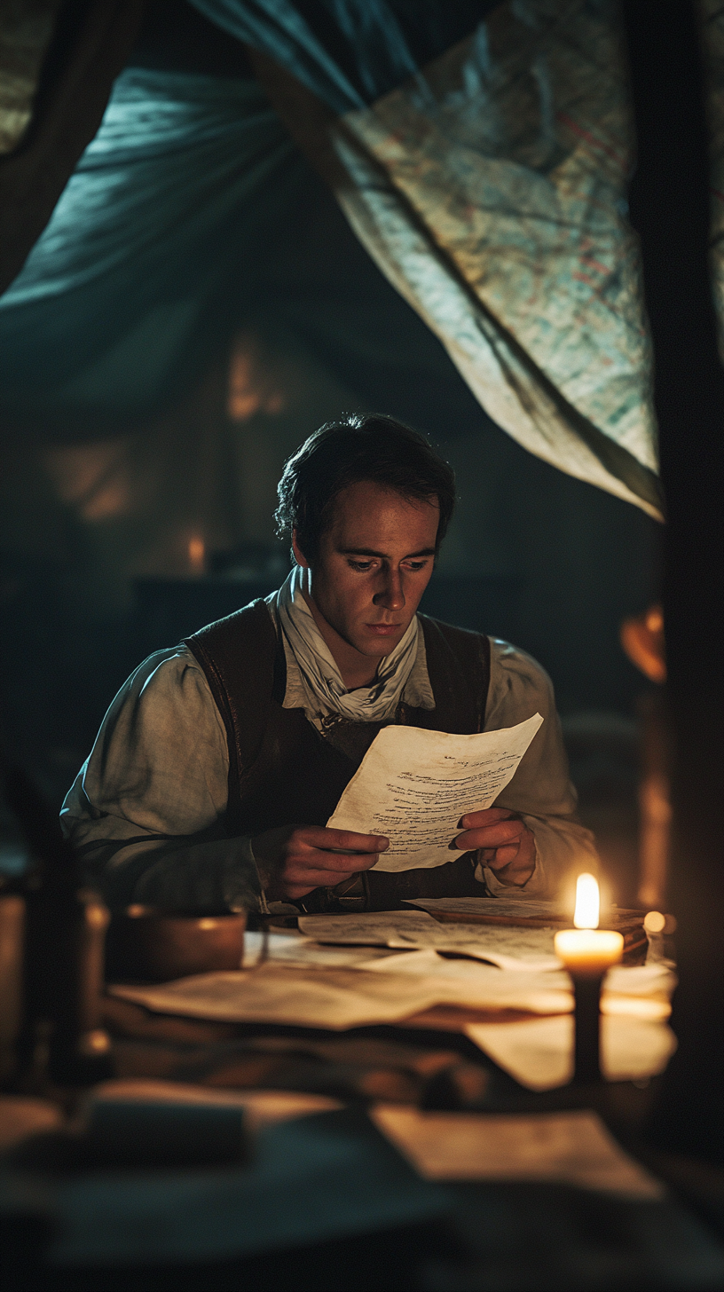 Napoleon reviews captured soldiers in dimly lit tent.