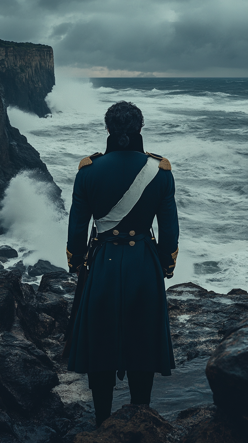 Napoleon standing alone in military coat on rocky shore.