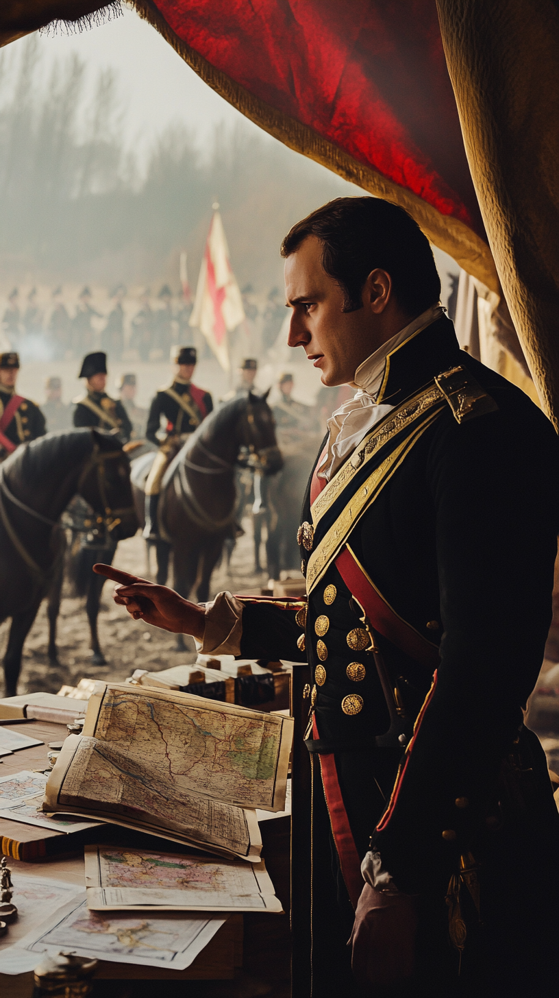 Napoleon talks to officers in military tent, commanding presence.