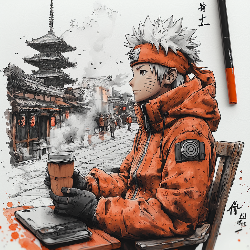 Naruto Drinking Coffee in Kyoto