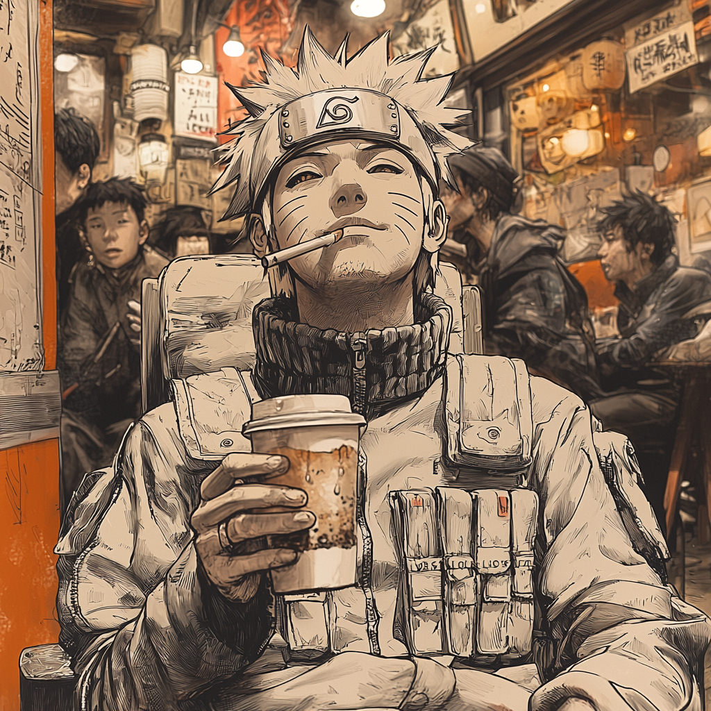 Naruto drinking coffee with ninjas, 1990s style