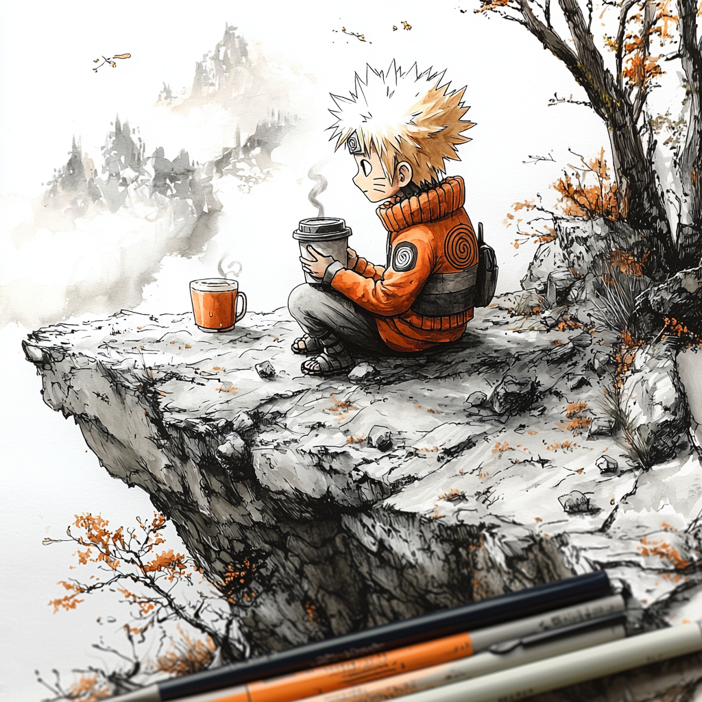 Naruto sitting on rock drinking coffee in Miyazaki style