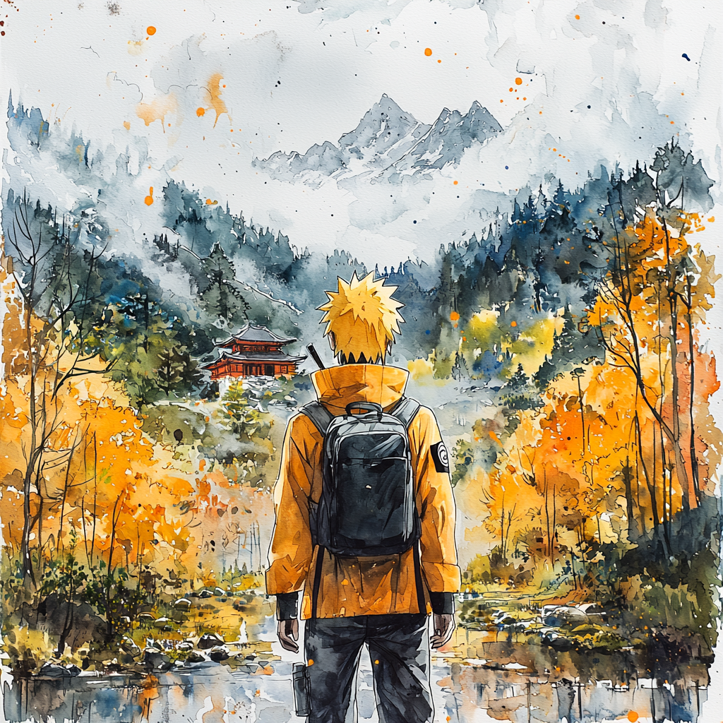 Naruto sketch in Miyazaki style, anime village background