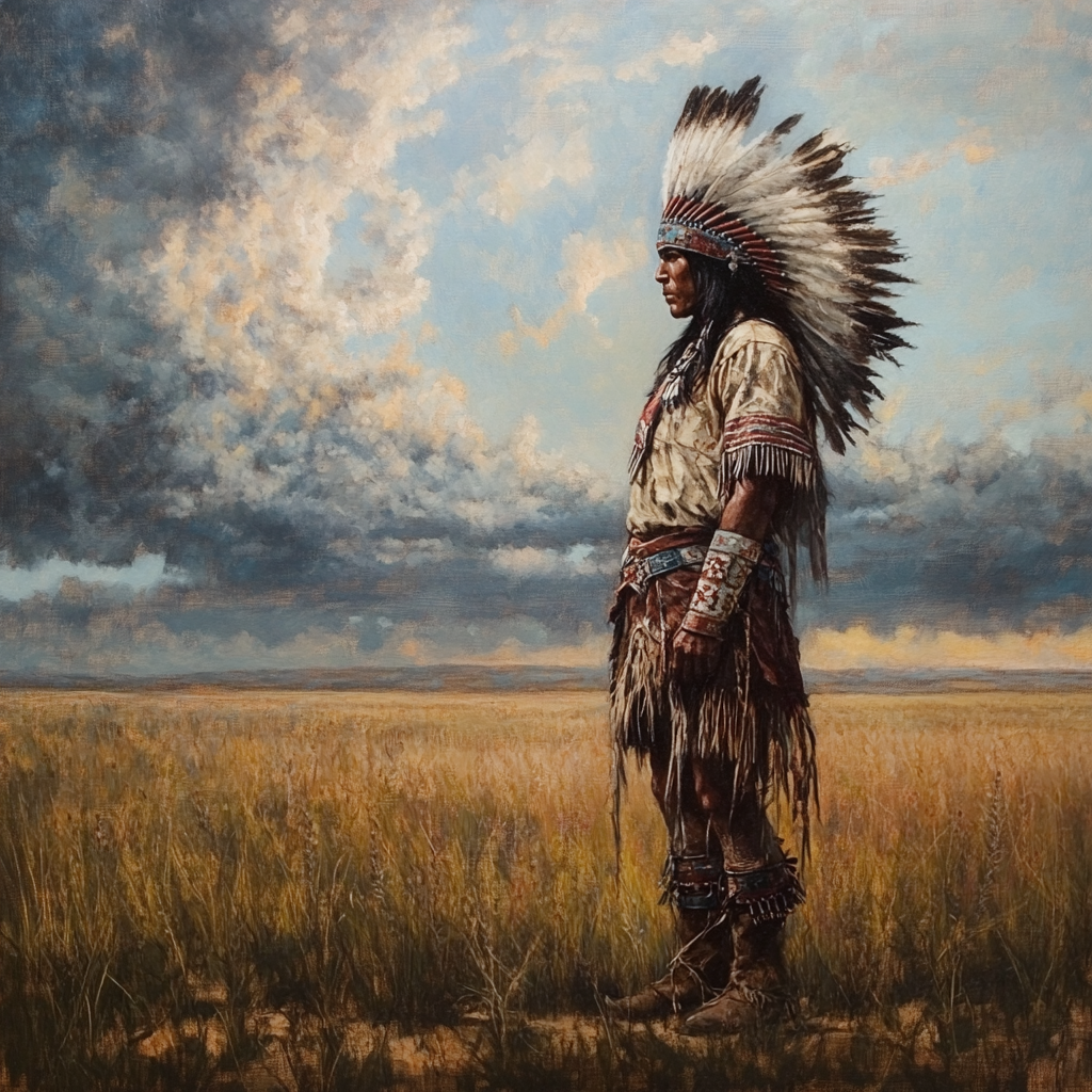 Native American Warrior Oil Painting on Great Plains