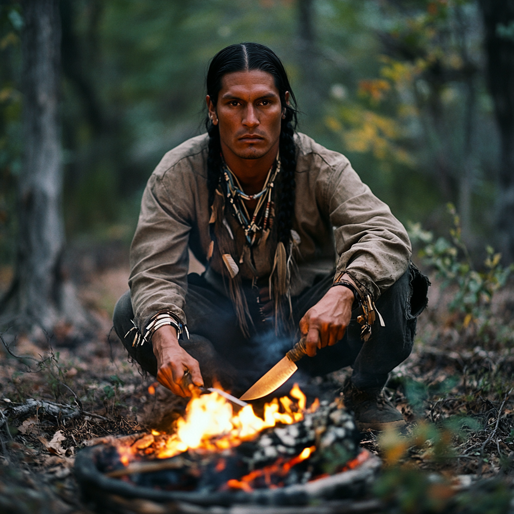 Native American man sharpening knife by fire pit