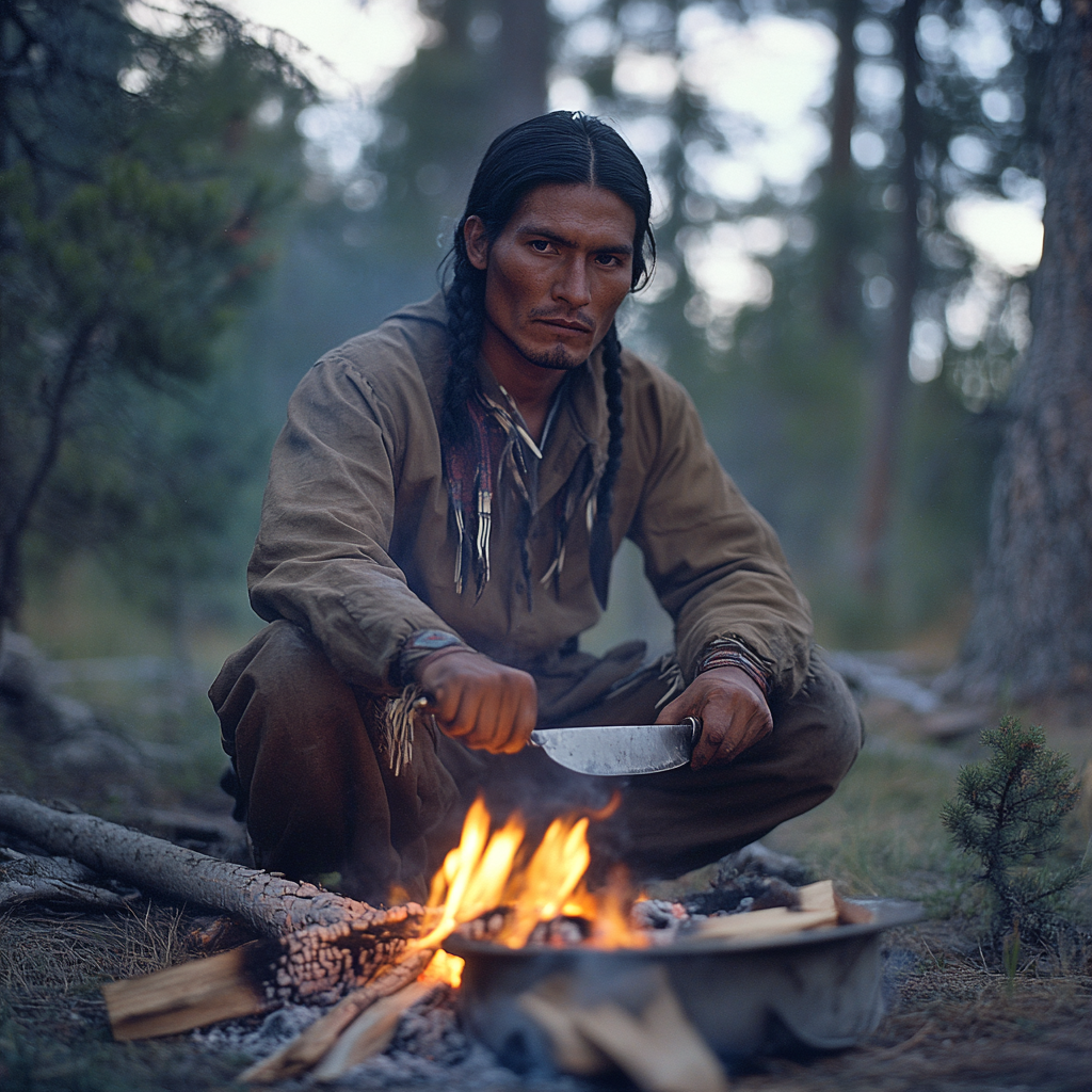 Native American man sharpening knife by firepit forest