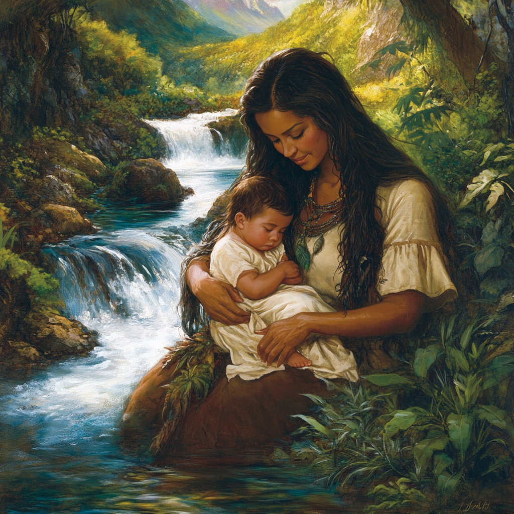 Native Hawaiian woman with long hair holds baby son.