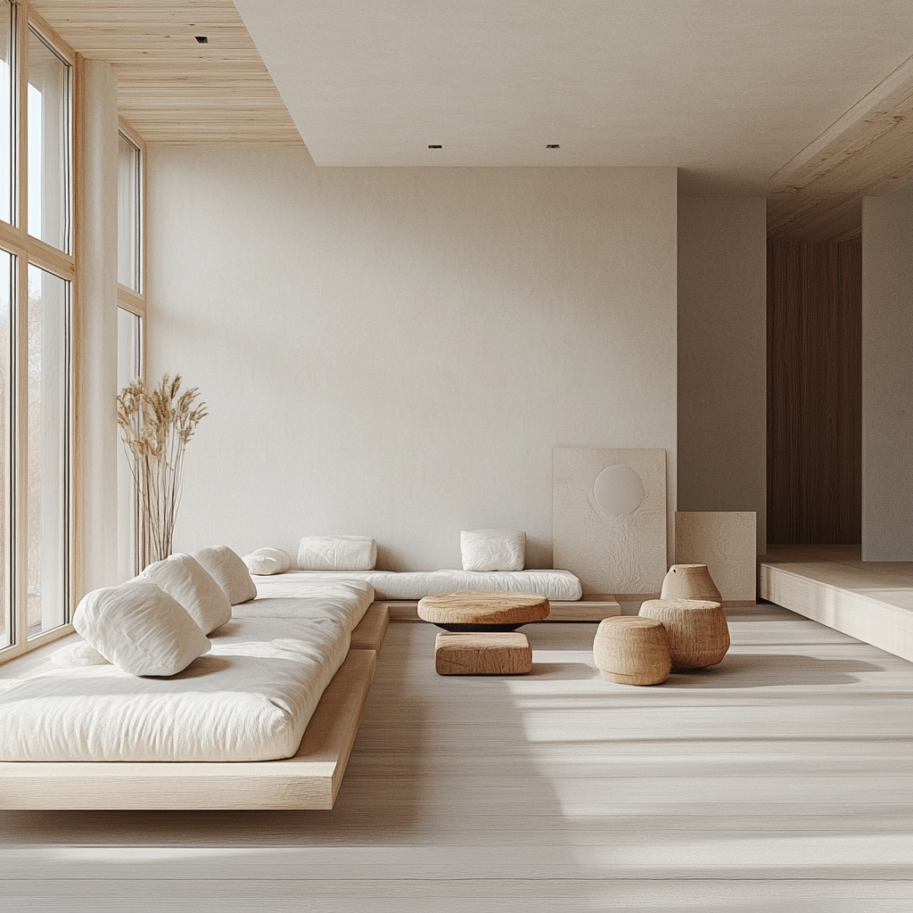 Natural materials, light wood, neutral tones, warmth, openness.