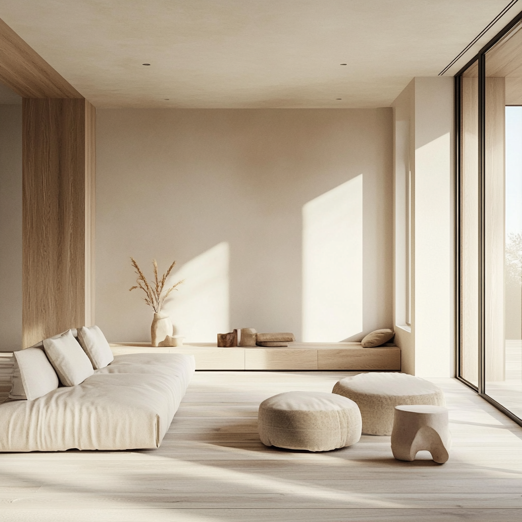 Natural materials, light wood, neutral tones create airy interior.