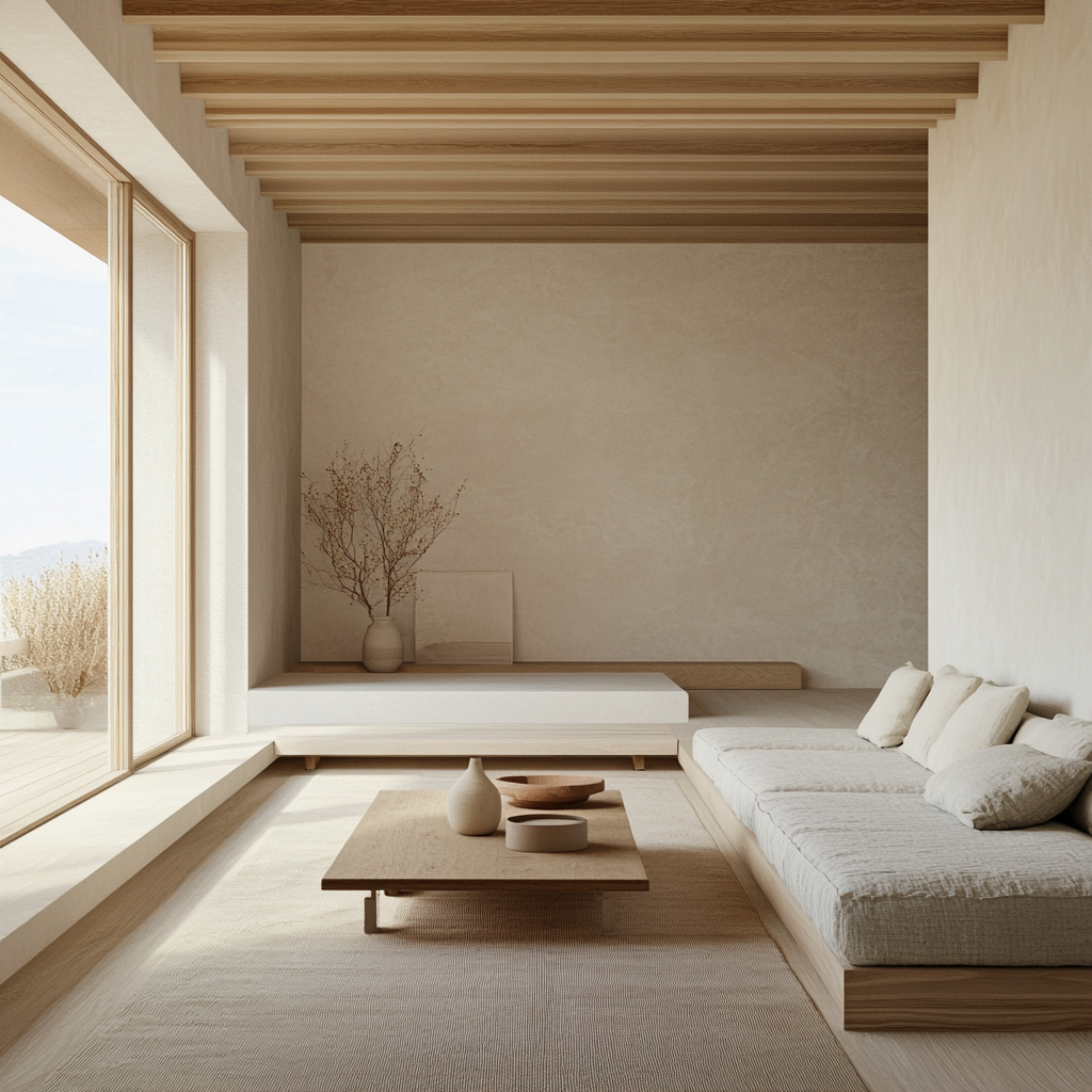 Natural materials create light, warm, airy living room.