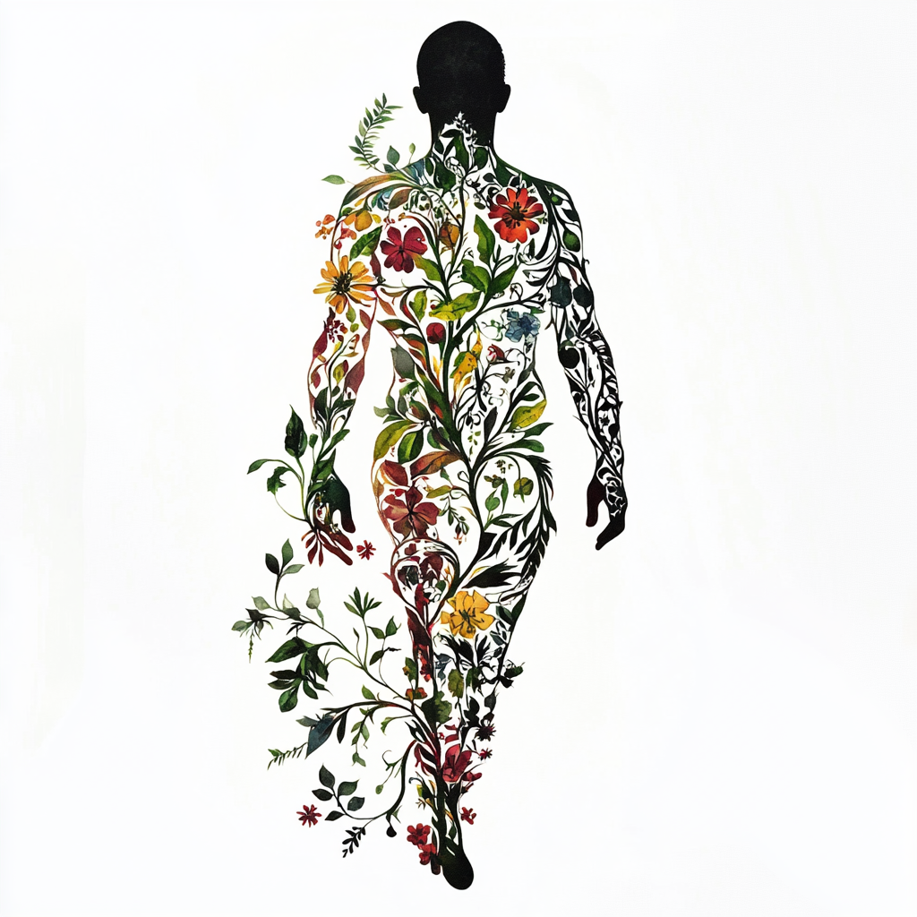 Nature-filled Human Silhouette with Intricate Floral Patterns