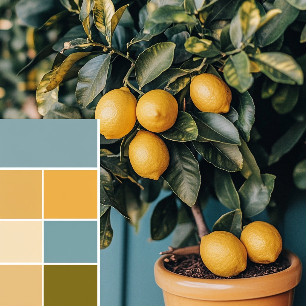 Nature mood board with lemon tree, lush and vibrant.