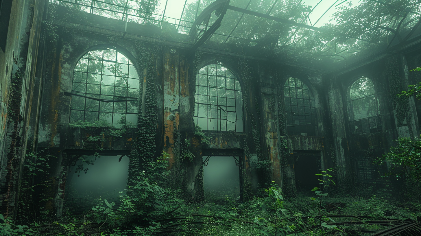 Nature reclaiming old factory, rusted metal beams, misty.