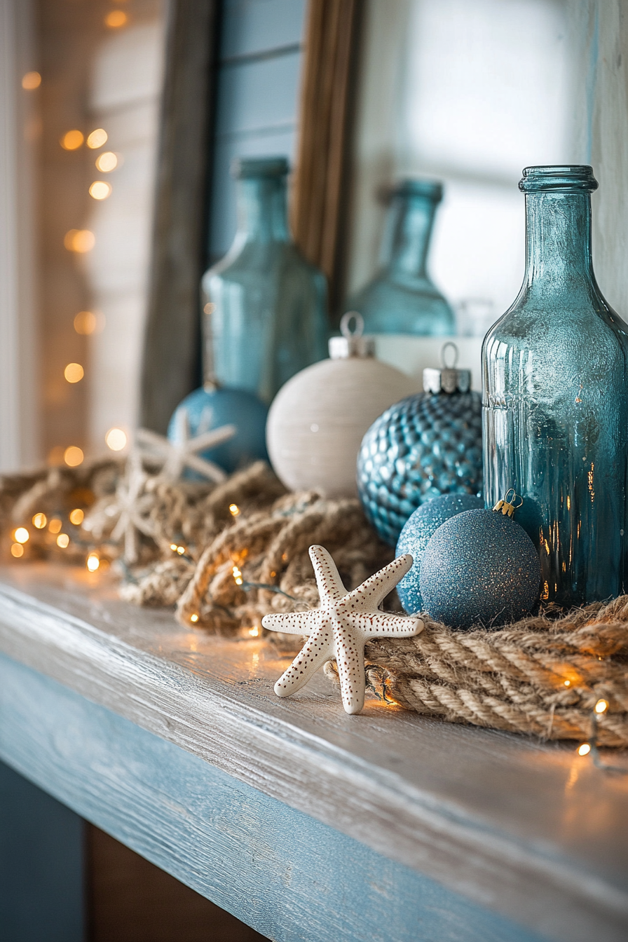 Nautical Christmas Fireplace Decor with Sea-themed Ornaments