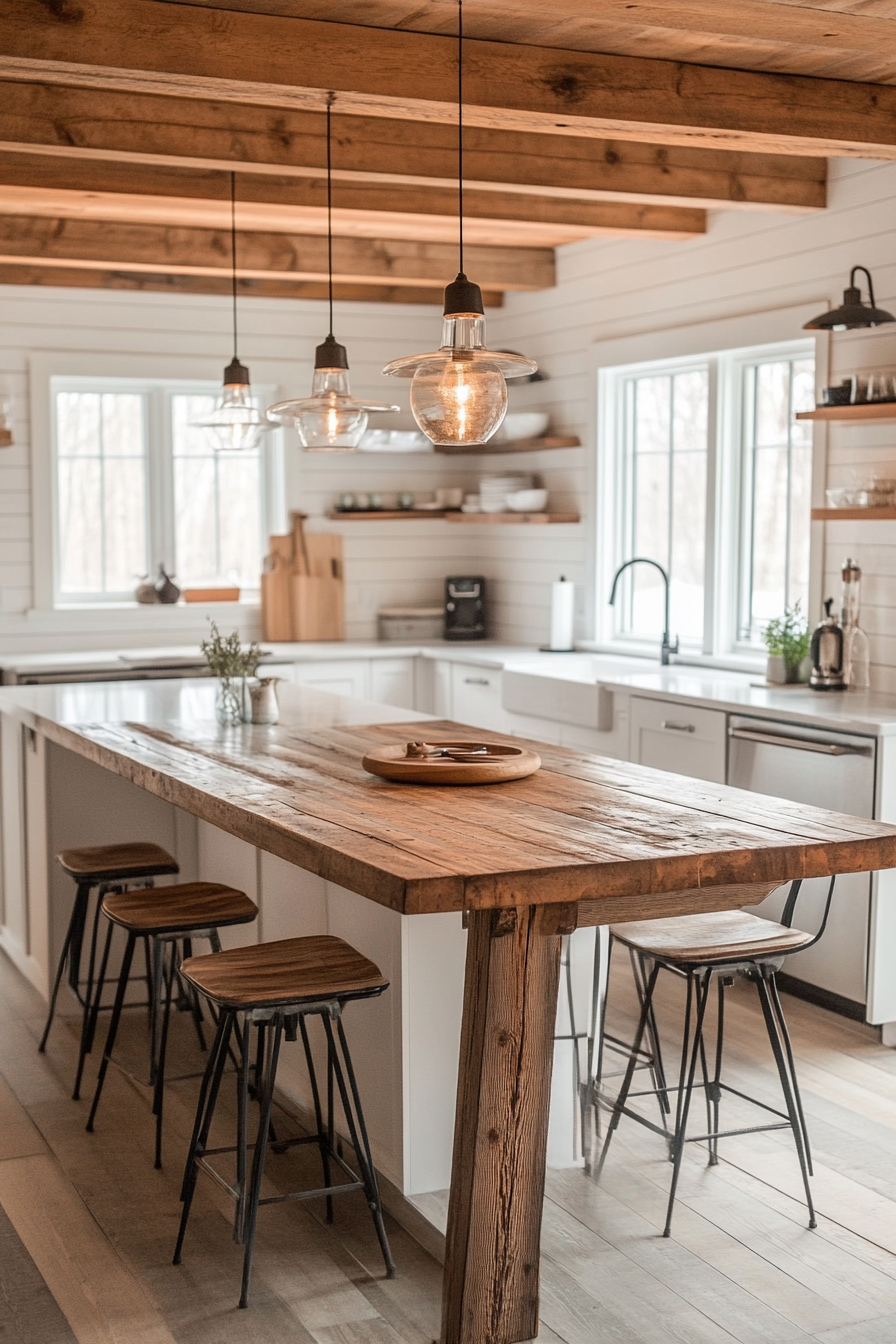 Neat, organized cabin kitchen with integrated dining space.