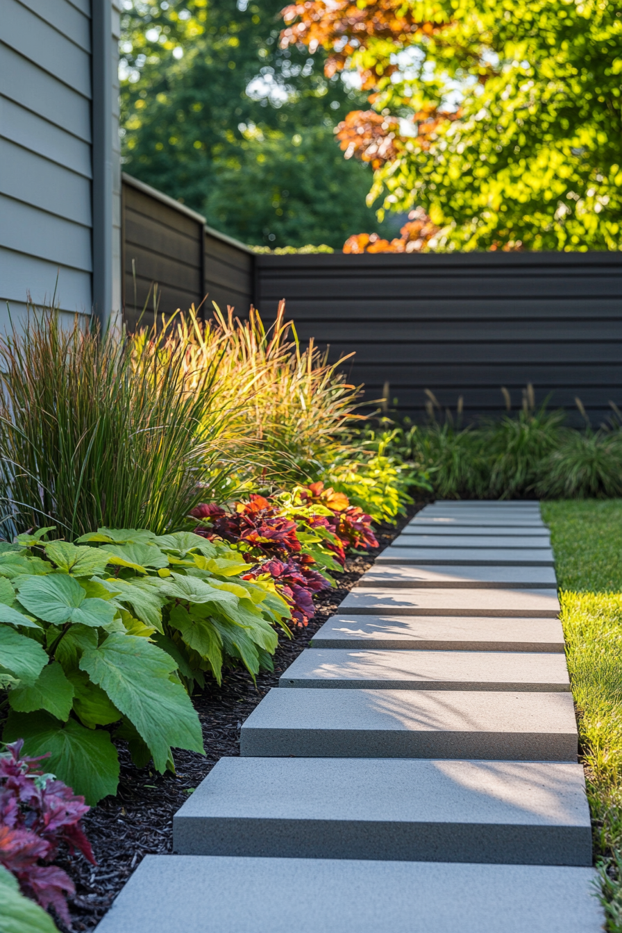 Neat garden with diverse plants, paved walkway and fence.