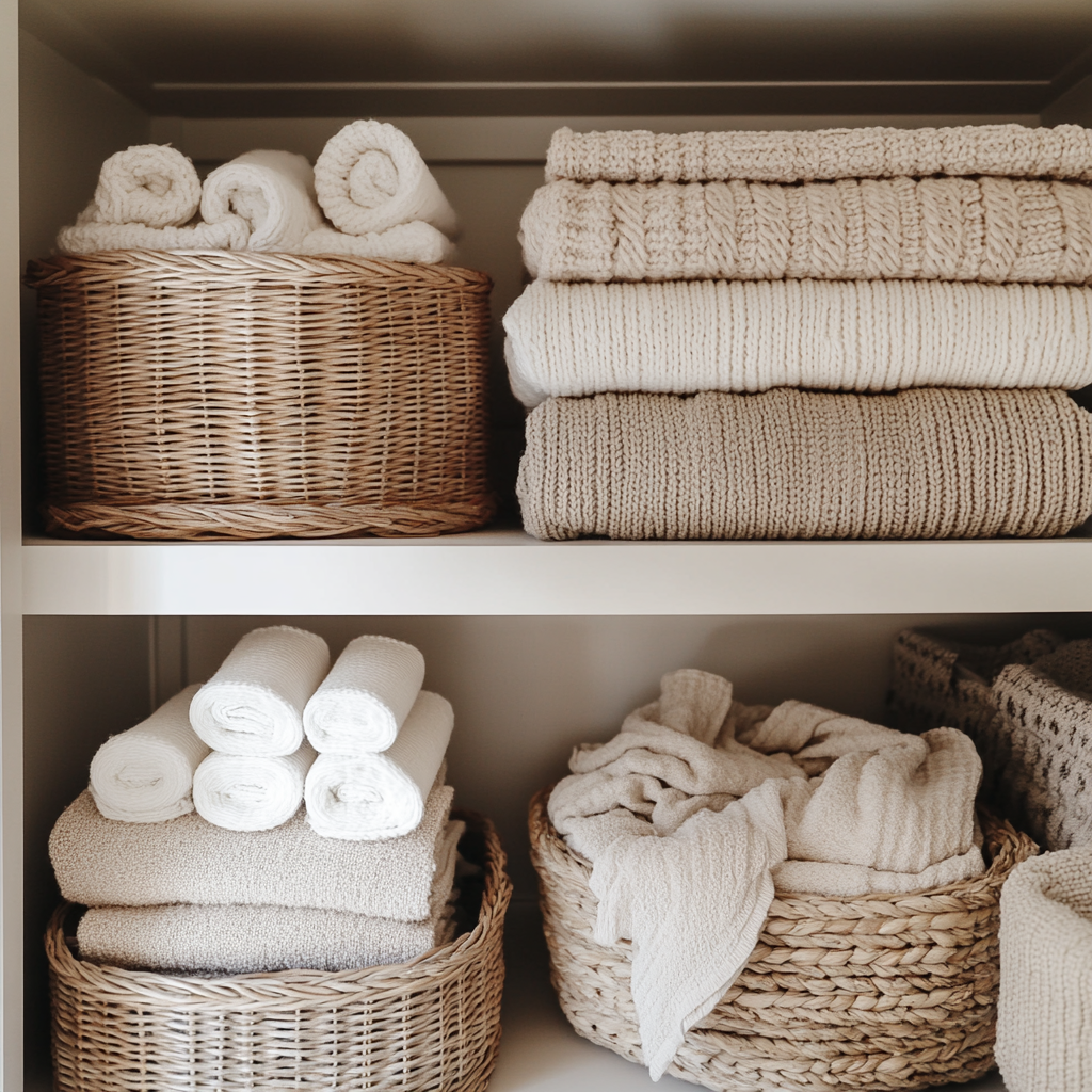 Neatly Organized Shelving Unit with Soft Items