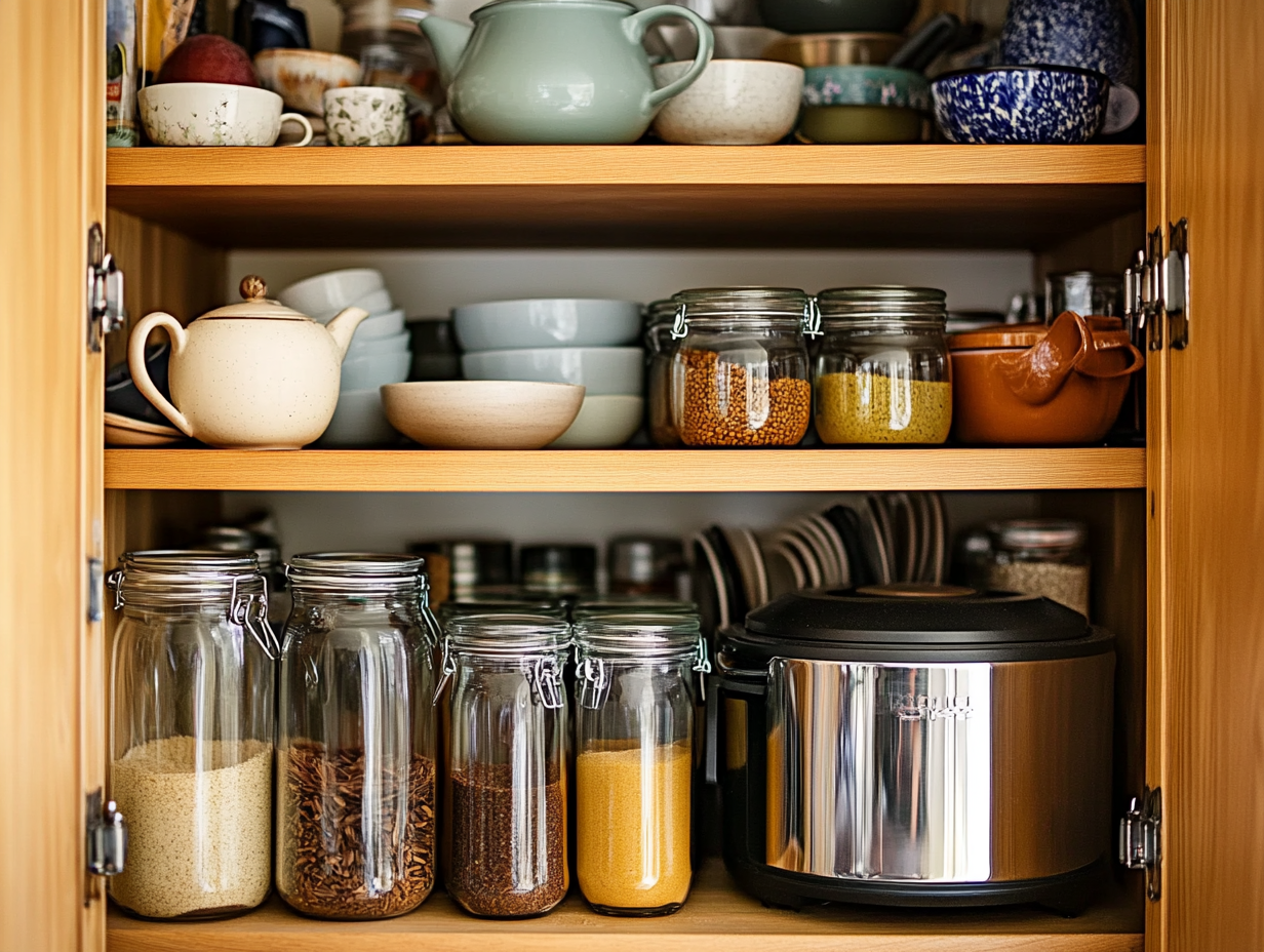 Neatly organized kitchen cabinet with teapot, bowls, slow cooker