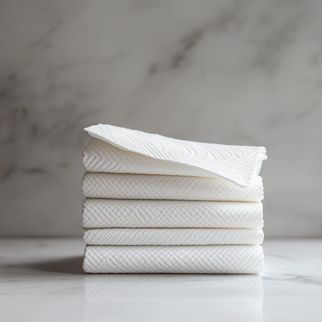 Neatly stacked white Z-fold paper towels ready for use.