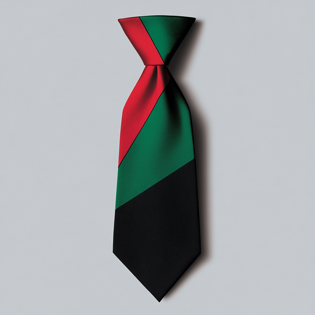 Necktie featuring flag design: red triangle, green & black.