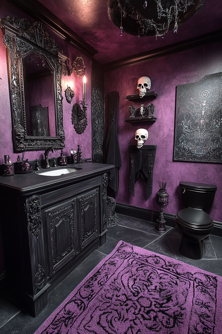 Necromancer’s Nook Gothic bathroom with skull motifs and candles.