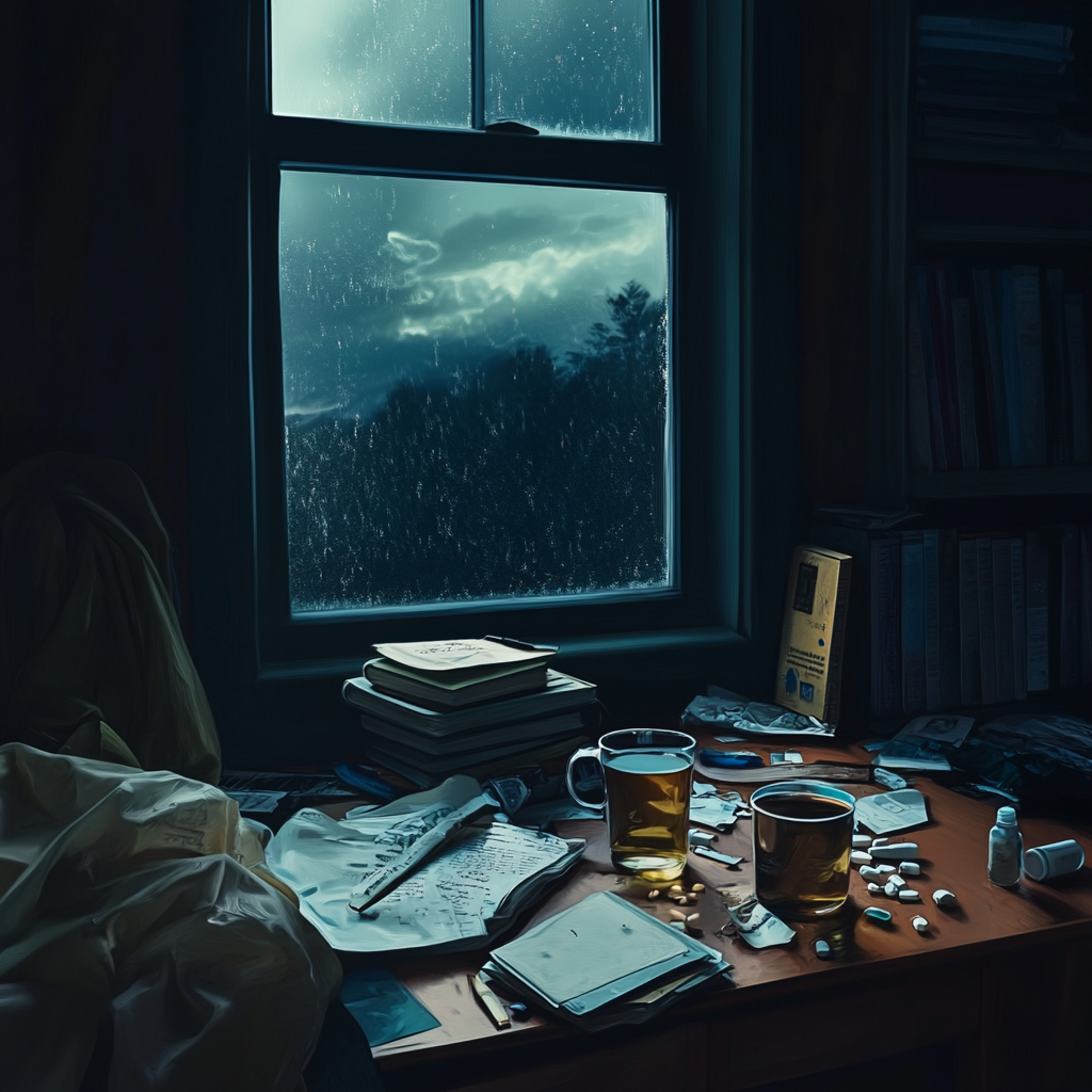 Neglected Room with Scattered Items and Stormy Night