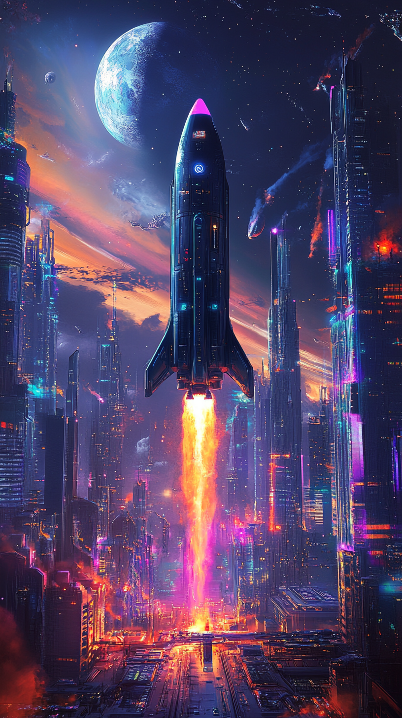 Neo Tokyo skyline with futuristic rocket launchpad.